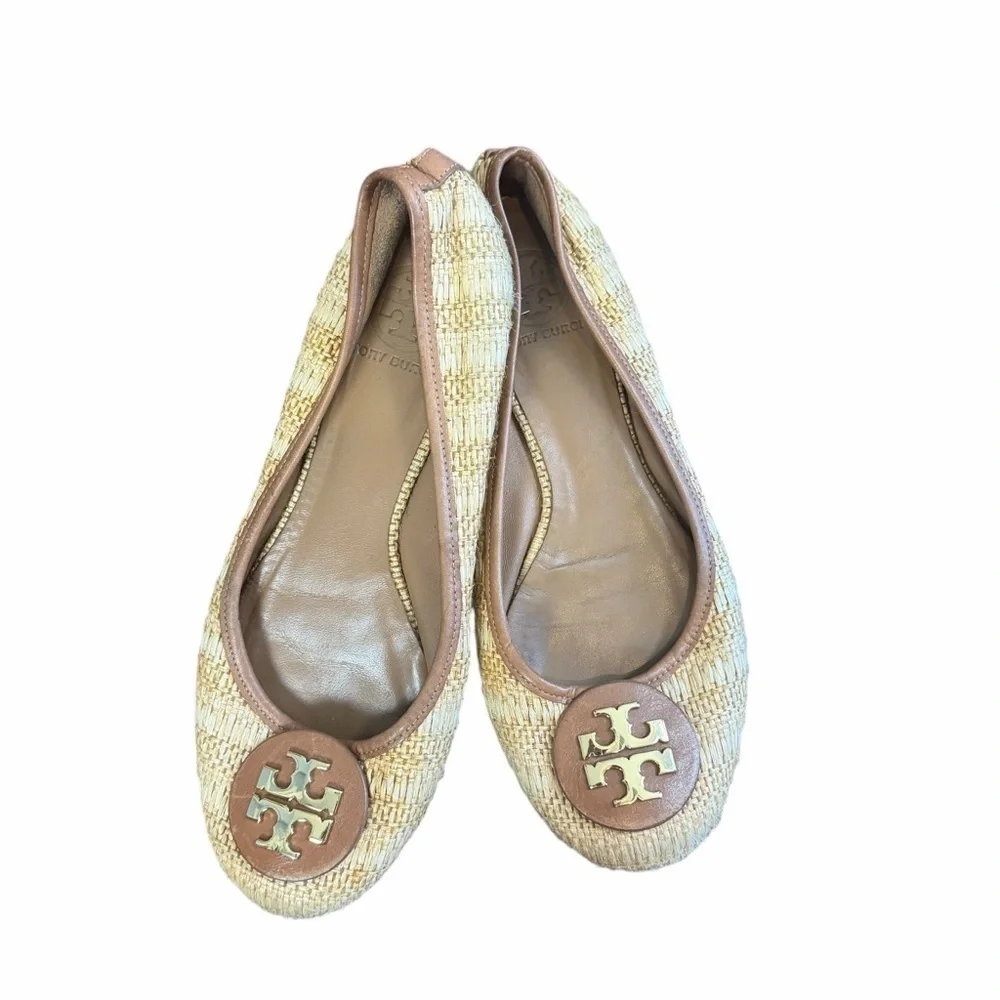 Tory Burch Reva Raffia Ballet Fats Brown